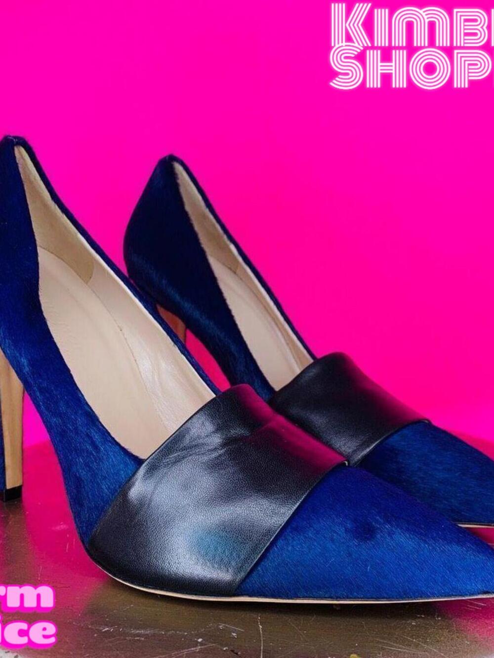 Club Monaco New Celine Blue Pony Hair Black Leather Strap Pointed Toe Pumps US 6